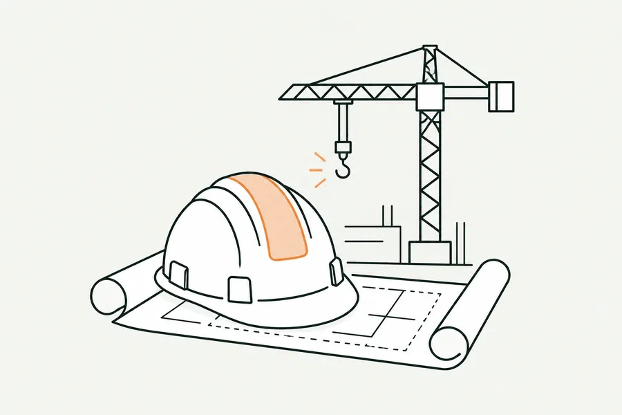 Illustration : un casque de chantier sur un plan déroulé, une grue en arrière-plan.