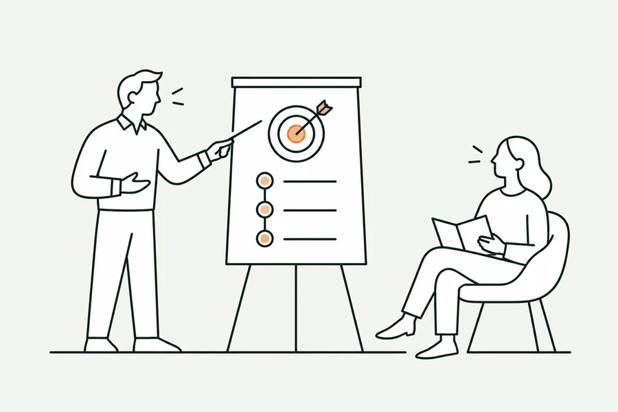 Illustration : un consultant présente une feuille de route devant un tableau à une cliente assise.