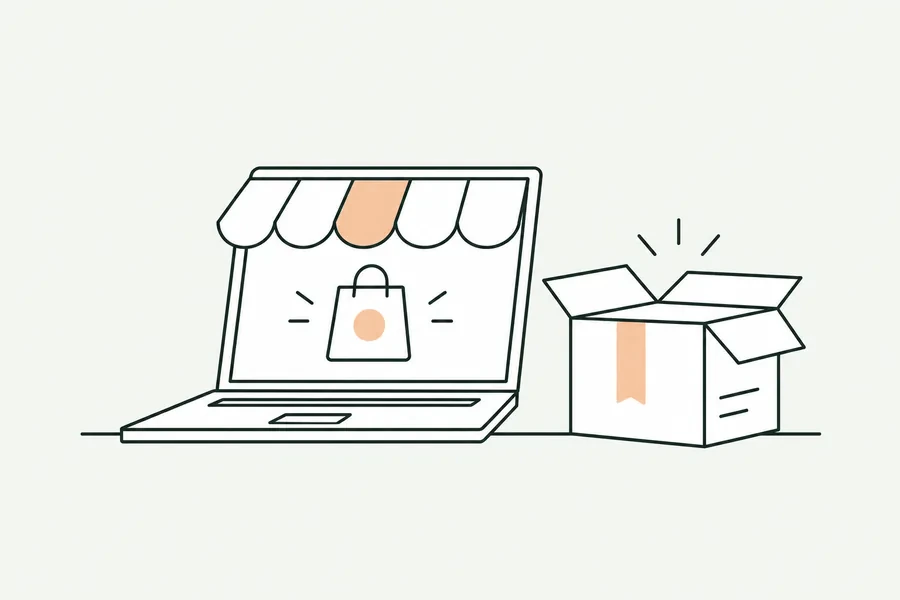 Illustration : un ordinateur portable affiche une boutique en ligne, à côté d’un colis ouvert.