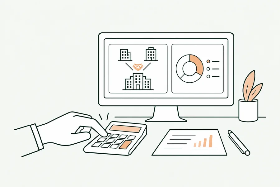 Illustration : un poste de travail avec calculatrice, deux entreprises qui fusionnent à l’écran et un graphique.
