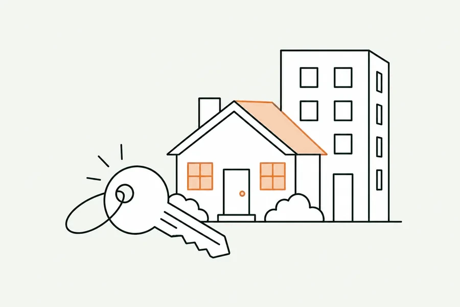 Illustration : une clé posée devant une maison et un petit immeuble.