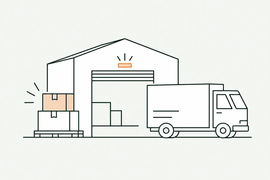 Illustration : un entrepôt, des cartons sur une palette et un camion de livraison.